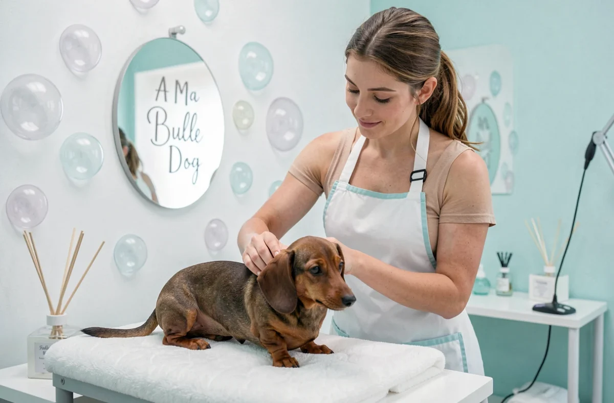 Toiletteuse prodiguant des soins apaisants à un teckel dans le studio zen A Ma Bulle Dog