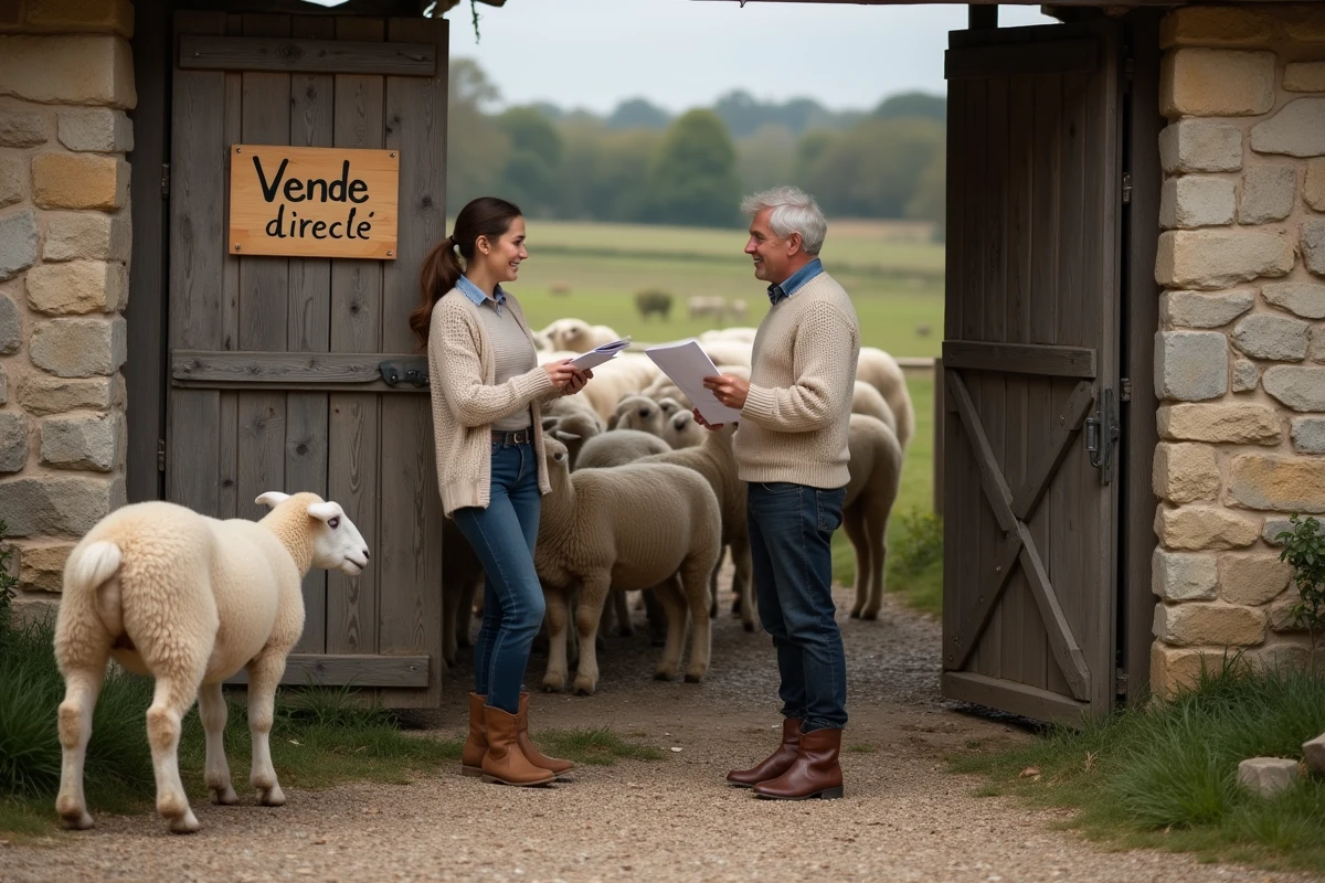 Femme achetant un mouton en vente directe à la ferme en Seine-et-Marne, Île-de-France
