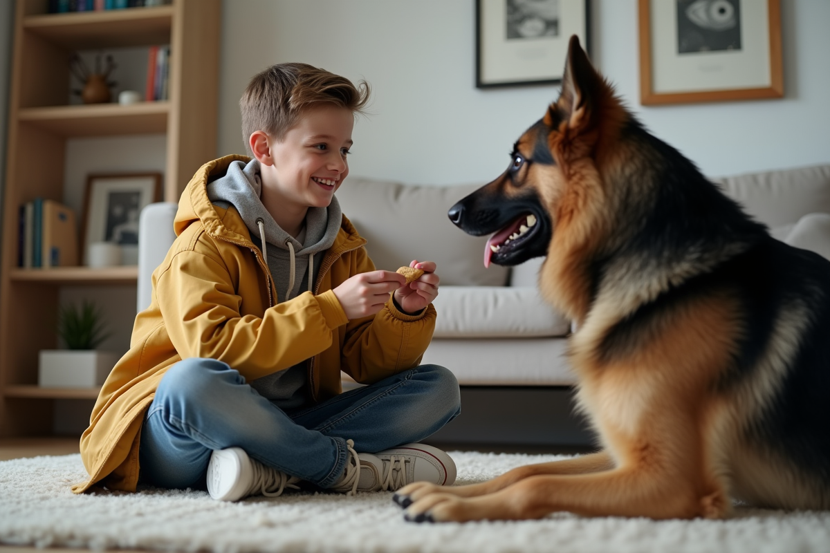 Adolescent entraînant son chien dans un salon moderne