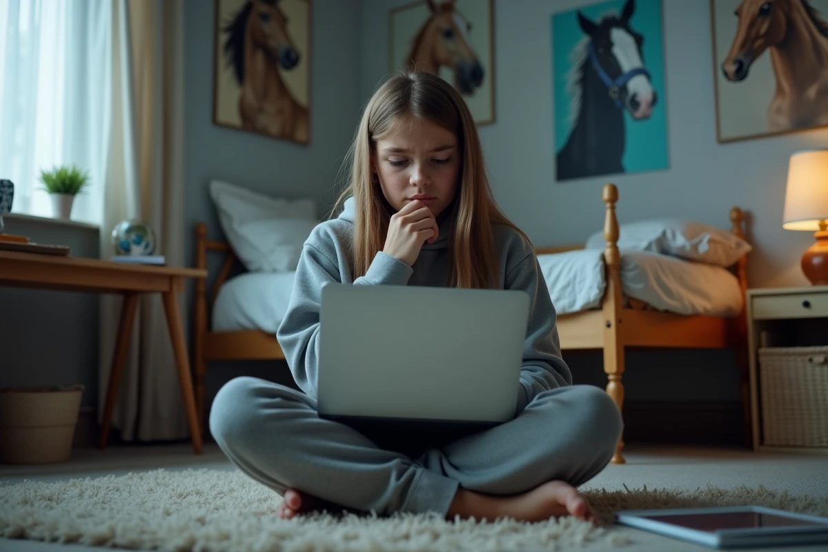Adolescente en larmes devant un film émouvant sur les chevaux sur son ordinateur portable dans sa chambre
