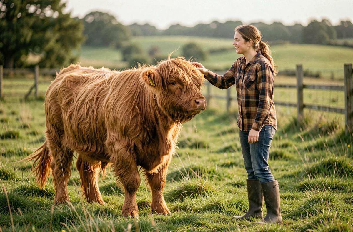 Femme adoptant une vache Highland fluffy dans un pré vert, lui caressant le front avec tendresse