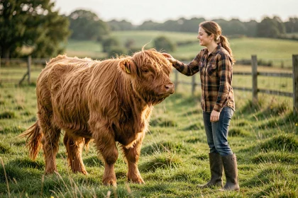 Femme adoptant une vache Highland fluffy dans un pré vert, lui caressant le front avec tendresse