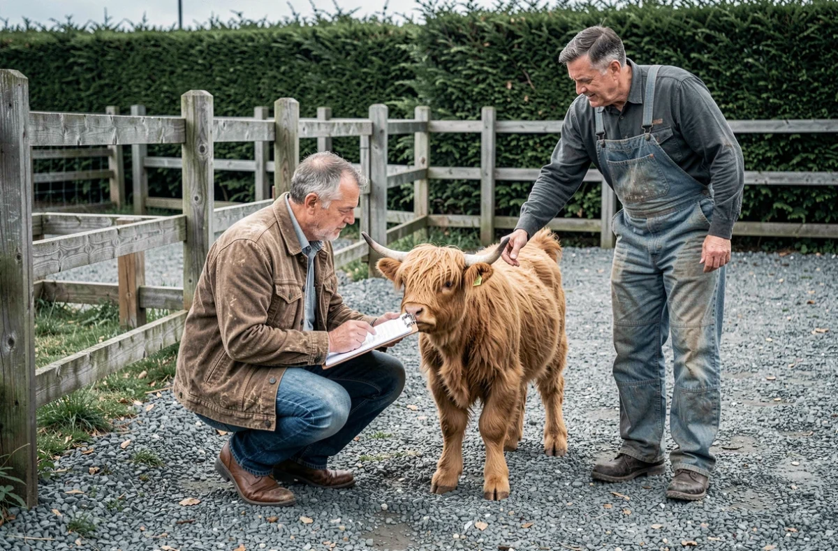 Homme examinant un veau Highland fluffy avec un conseiller agricole dans un enclos de ferme