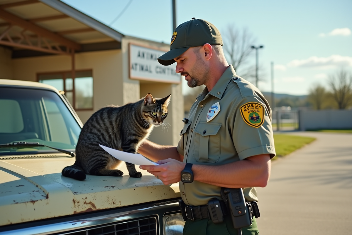 Agent animalier avec chat gris dans un parking de petite ville