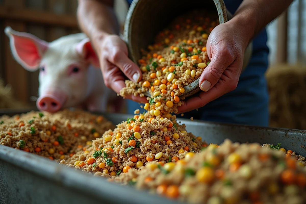 Mains d'agriculteur versant un mélange de grains et de légumes dans une auge pour cochons