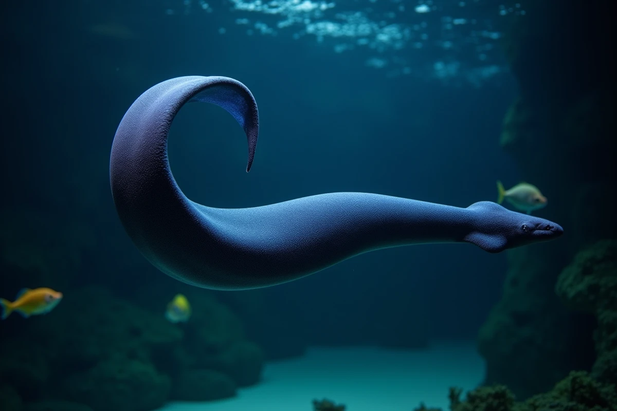 Anguille pélican rare en forme de U dans un aquarium d'eau profonde, espèce marine méconnue aux reflets irisés