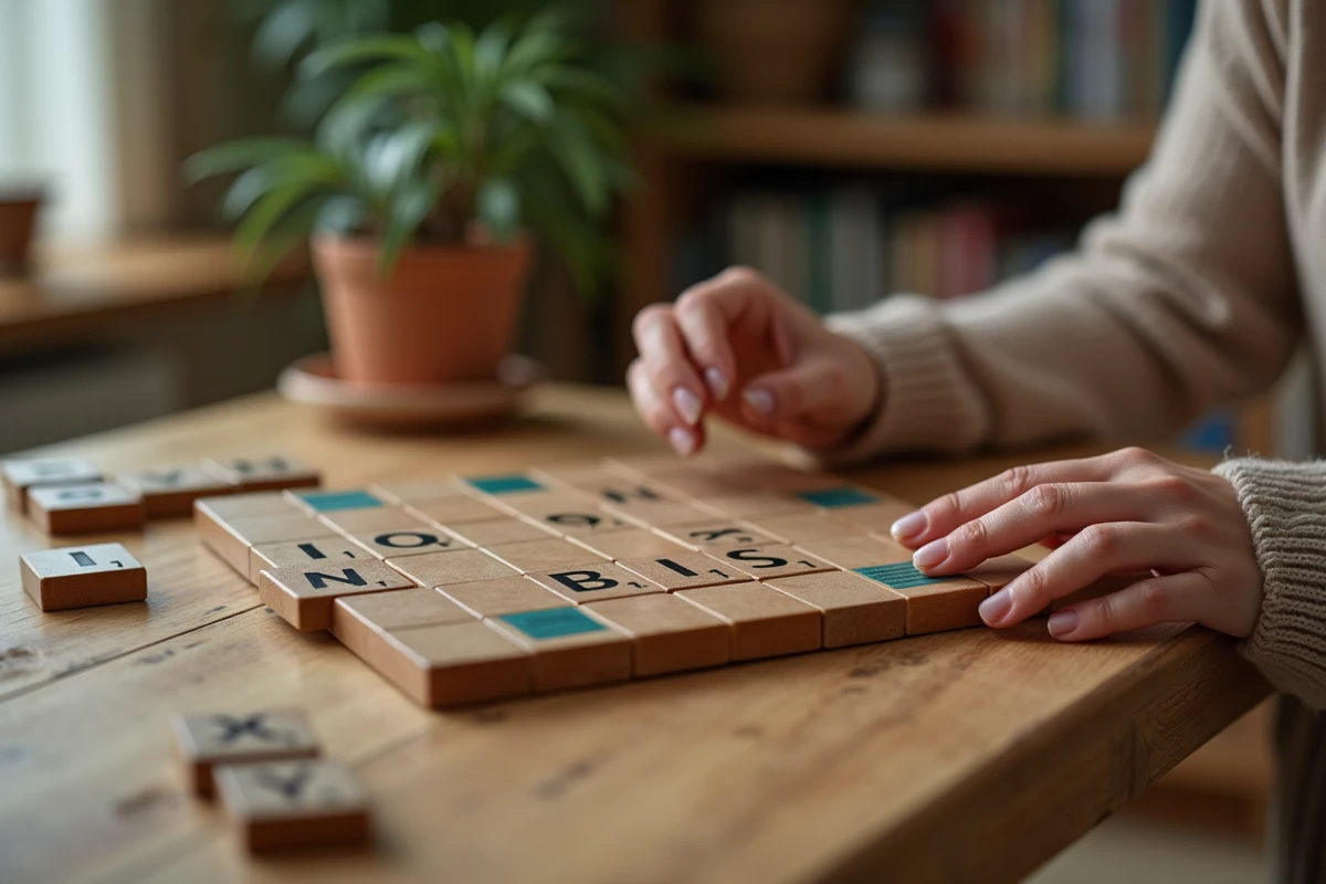 Plateau de Scrabble avec des lettres formant le mot IBIS, mains d'une femme posant une tuile, ambiance chaleureuse de salon