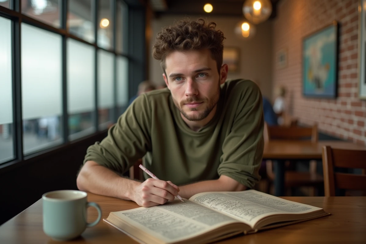Jeune homme dans un café consultant un dictionnaire et notant des animaux en I sur un carnet, ambiance studieuse et décontractée