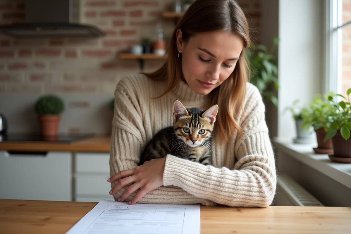 Jeune femme tenant un chaton de 3 mois tout en lisant une annonce d'adoption sérieuse dans un appartement parisien