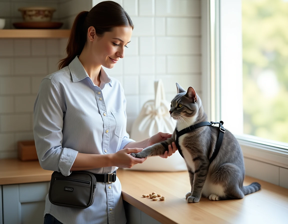 Femme attachant avec soin le harnais d'un chat gris et blanc dans une cuisine lumineuse, récompense positive visible sur le plan de travail