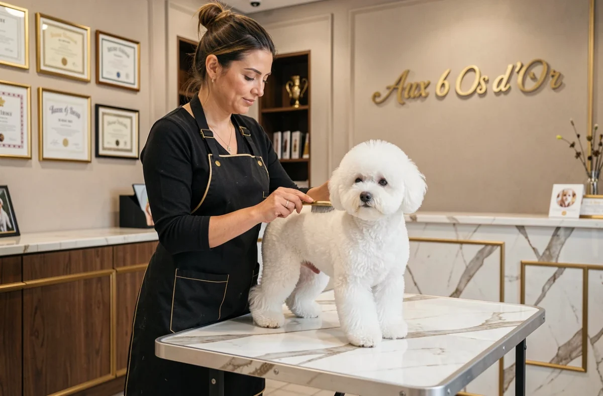 Toiletteuse soignant un bichon frisé dans le salon haut de gamme Aux 6 Os d'Or
