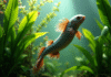 Axolotl nageant parmi les plantes aquatiques dans un aquarium