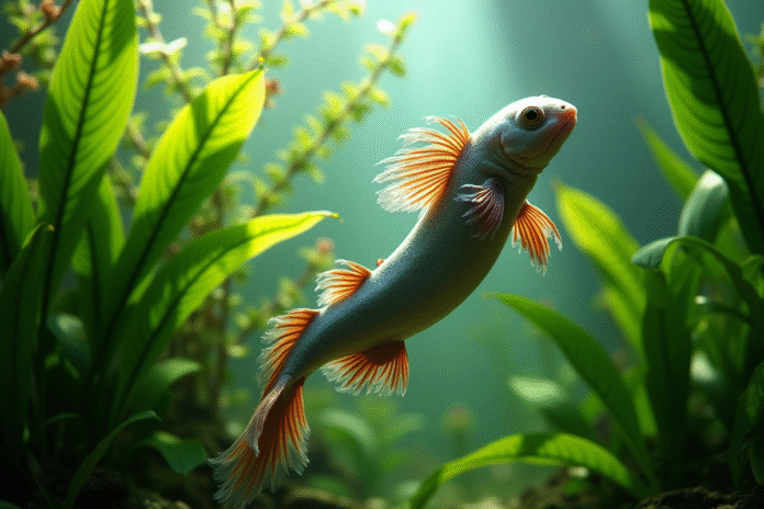Axolotl nageant parmi les plantes aquatiques dans un aquarium