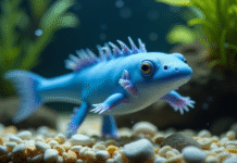 Axolotl bleu nageant dans l'eau douce en plongée