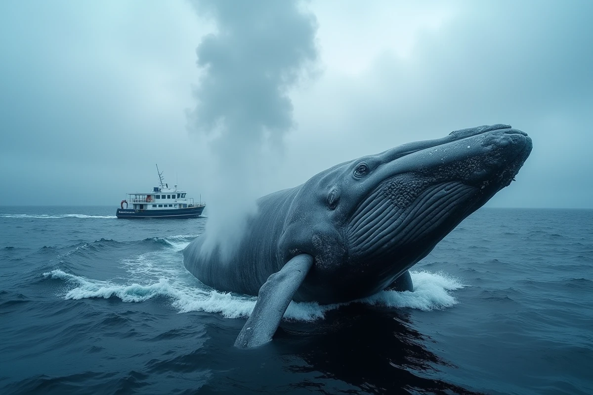Baleine bleue en surface dans l'océan Pacifique, record de taille chez les animaux, vue aérienne avec bateau de recherche