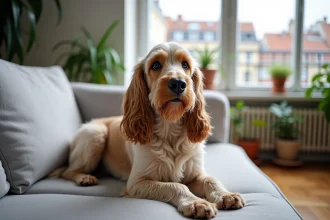 Basset Griffon Vendéen assis sur un canapé dans un appartement parisien moderne