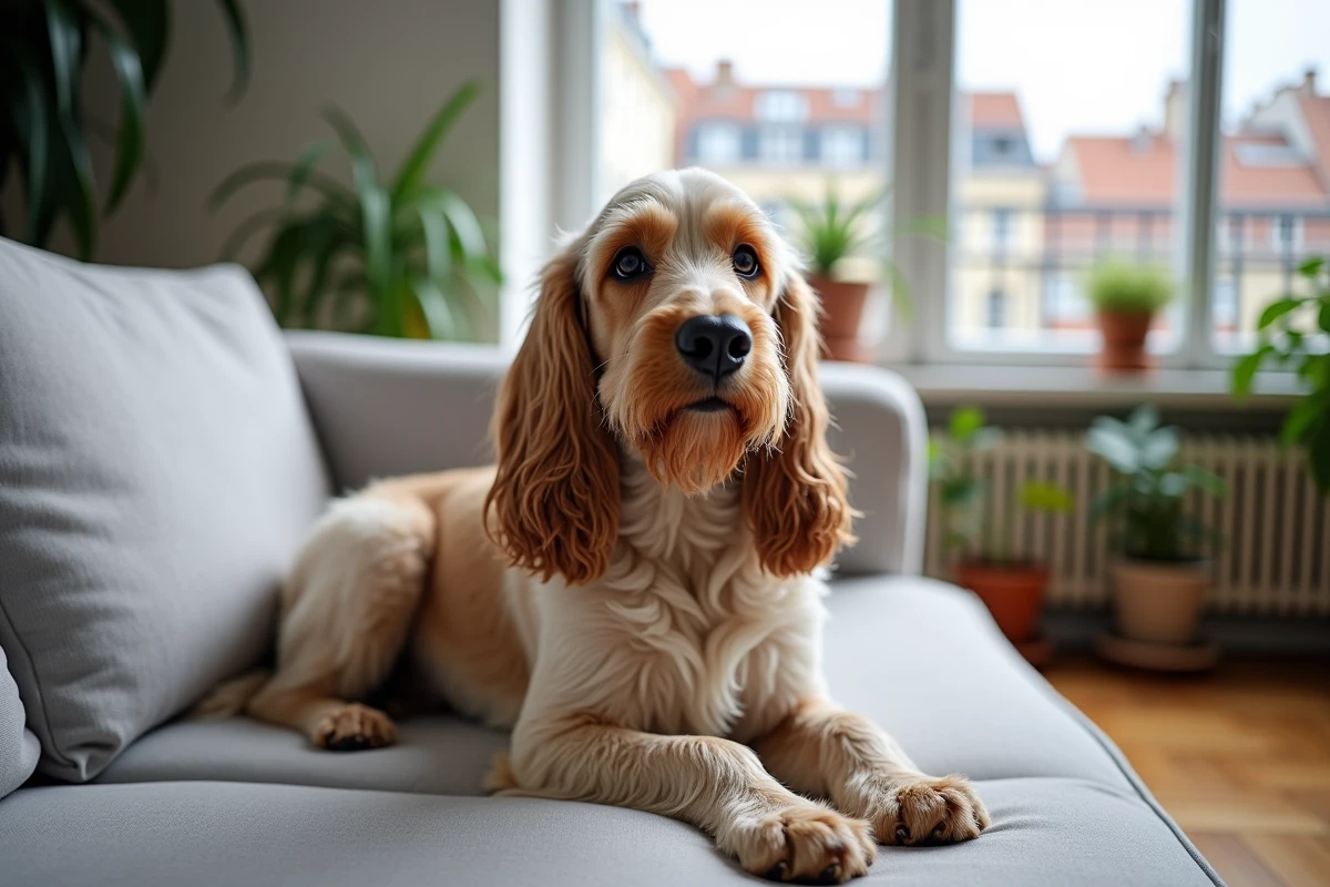 Basset Griffon Vendéen assis sur un canapé dans un appartement parisien moderne