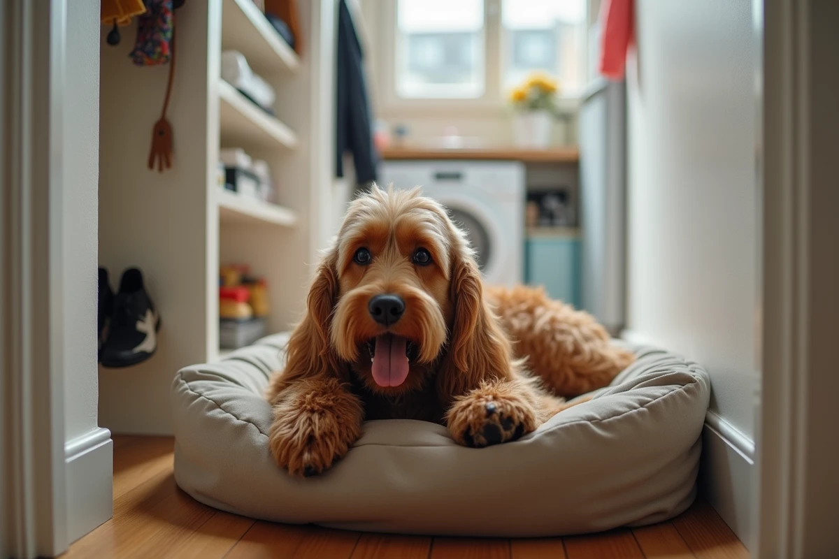 Basset Griffon Vendéen allongé dans le couloir d'un petit appartement