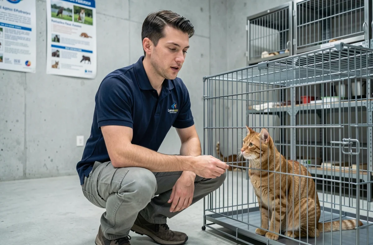 Bénévole d'une association animale accueillant un chat dans un refuge, expliquant le processus d'adoption