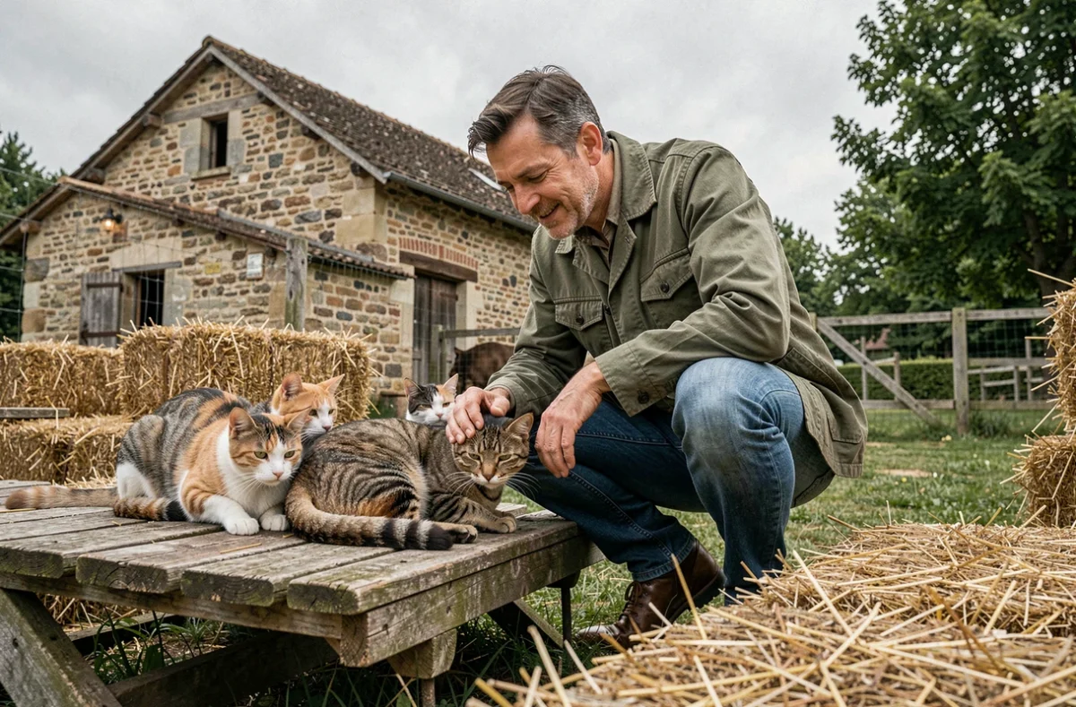 Bénévole d'un refuge animalier interagissant avec des chats dans la campagne française