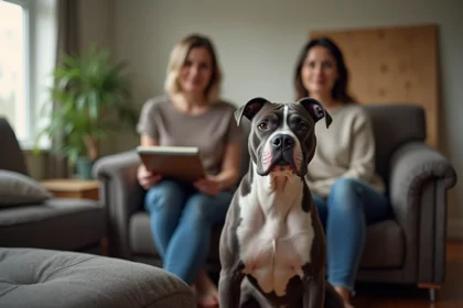 Chien staffordshire bleu assis avec sa propriétaire dans le salon