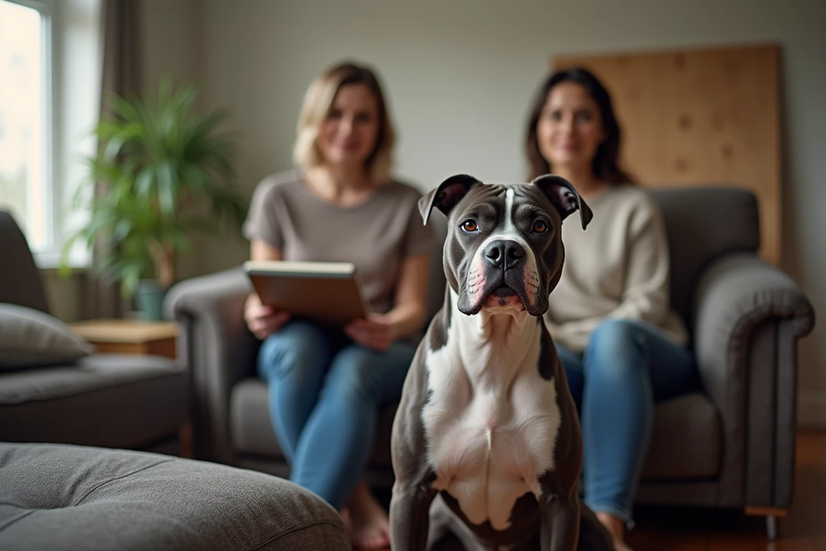 Chien staffordshire bleu assis avec sa propriétaire dans le salon