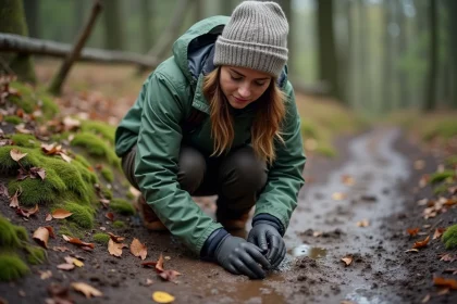 Biologuide femme examinant empreintes dans la forêt au printemps