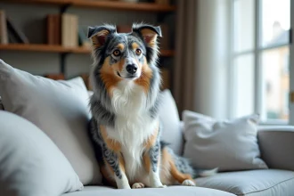 Border Collie Bleu Merle assis sur un canapé dans un appartement moderne parisien