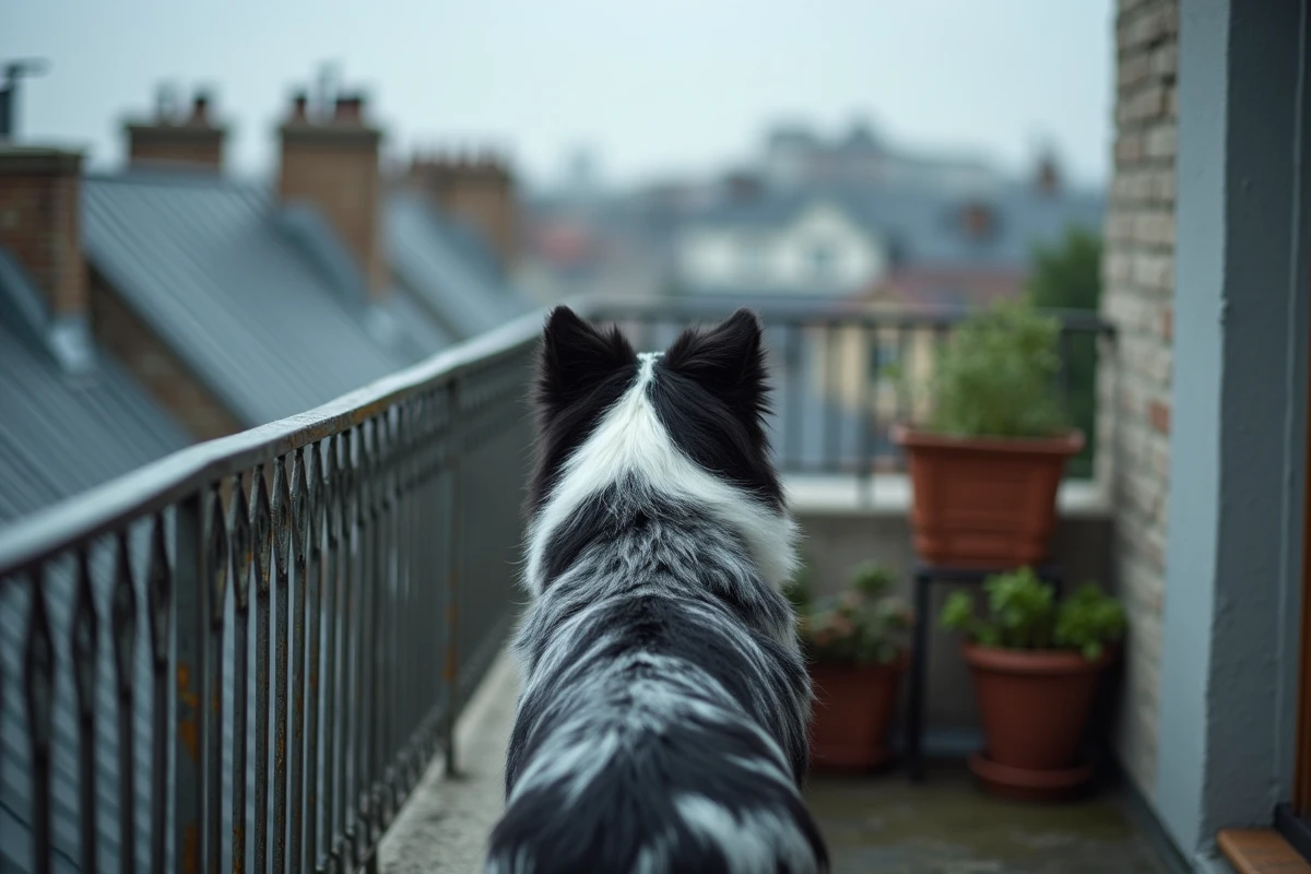 Border Collie Bleu Merle sur le balcon d'un appartement avec vue sur les toits de la ville
