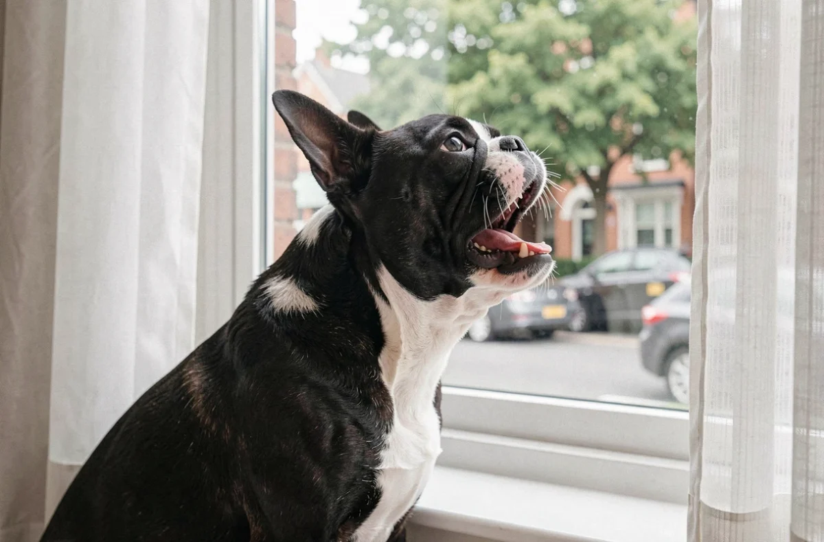 Boston Terrier adulte aboyant devant une fenêtre en regardant la rue, comportement territorial fréquent chez cette race de chien