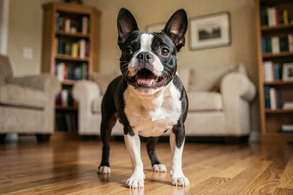 Boston Terrier adulte en train d'aboyer dans un salon, oreilles dressées et regard alerte, illustrant un comportement vocal typique de la race