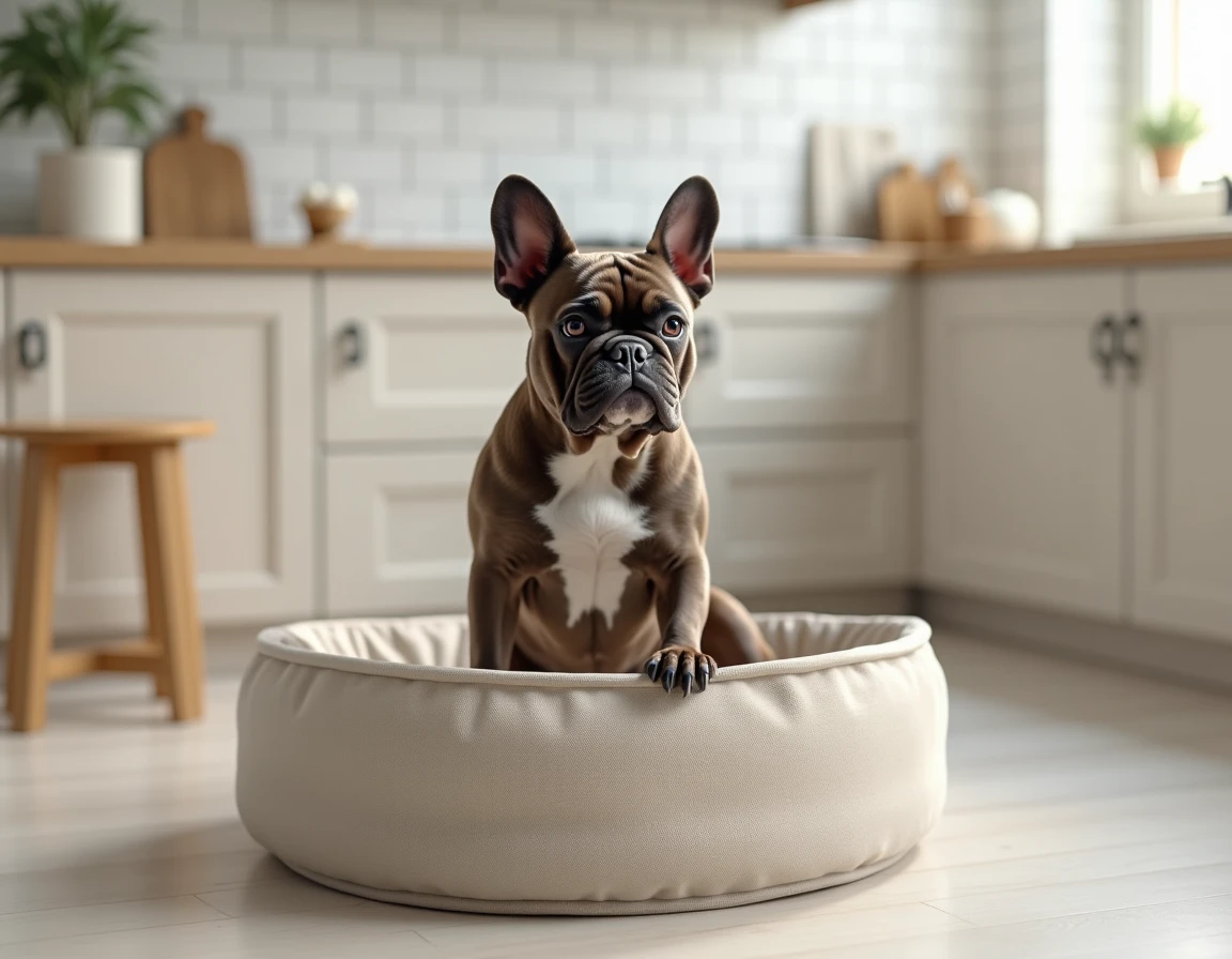 Bouledogue français appuyé sur un panier orthopédique arrondi en mousse haute densité et toile résistante dans une cuisine moderne