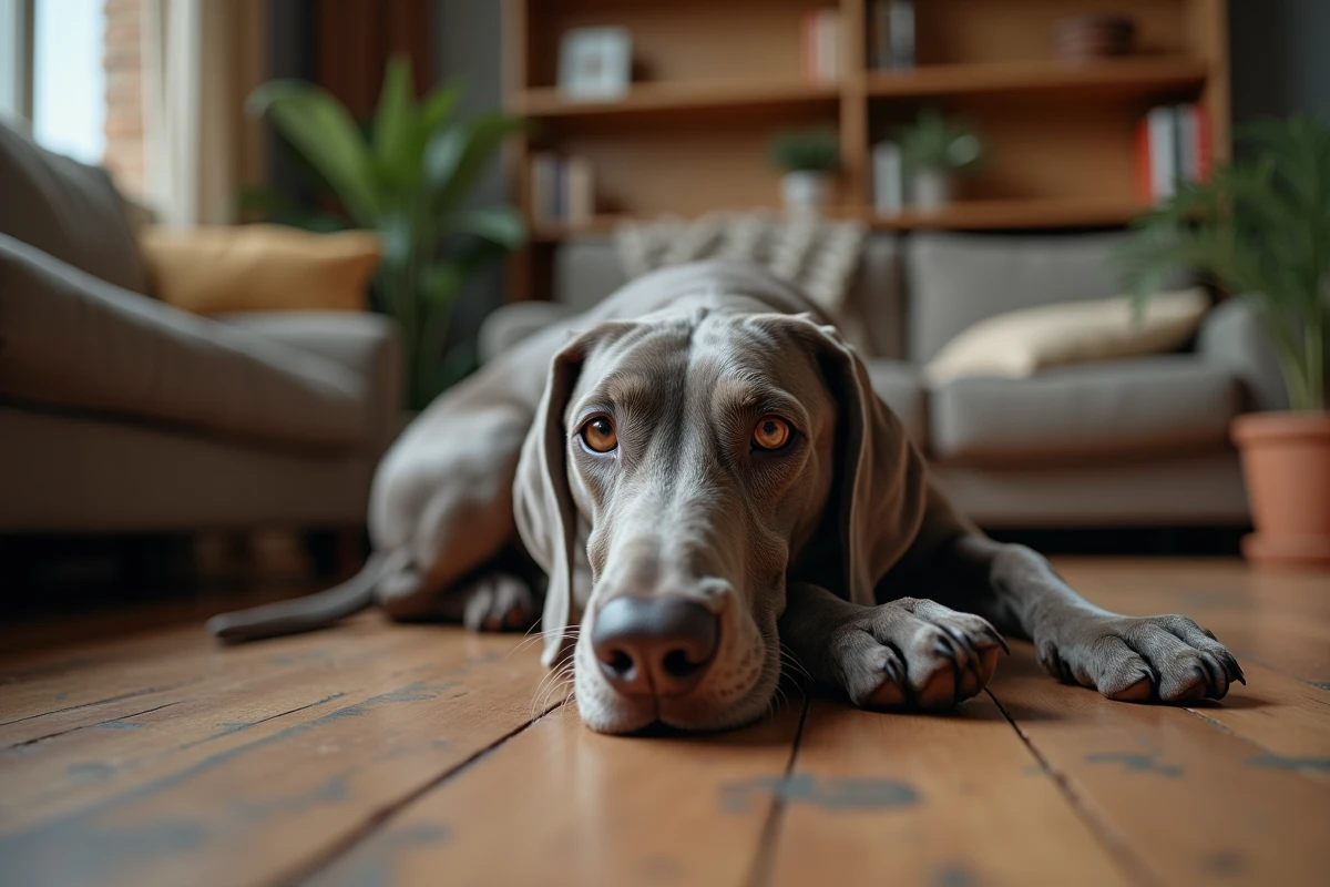 Braque de Weimar allongé paisiblement sur un parquet en bois à l'intérieur d'un salon chaleureux, montrant un chien détendu et non agressif