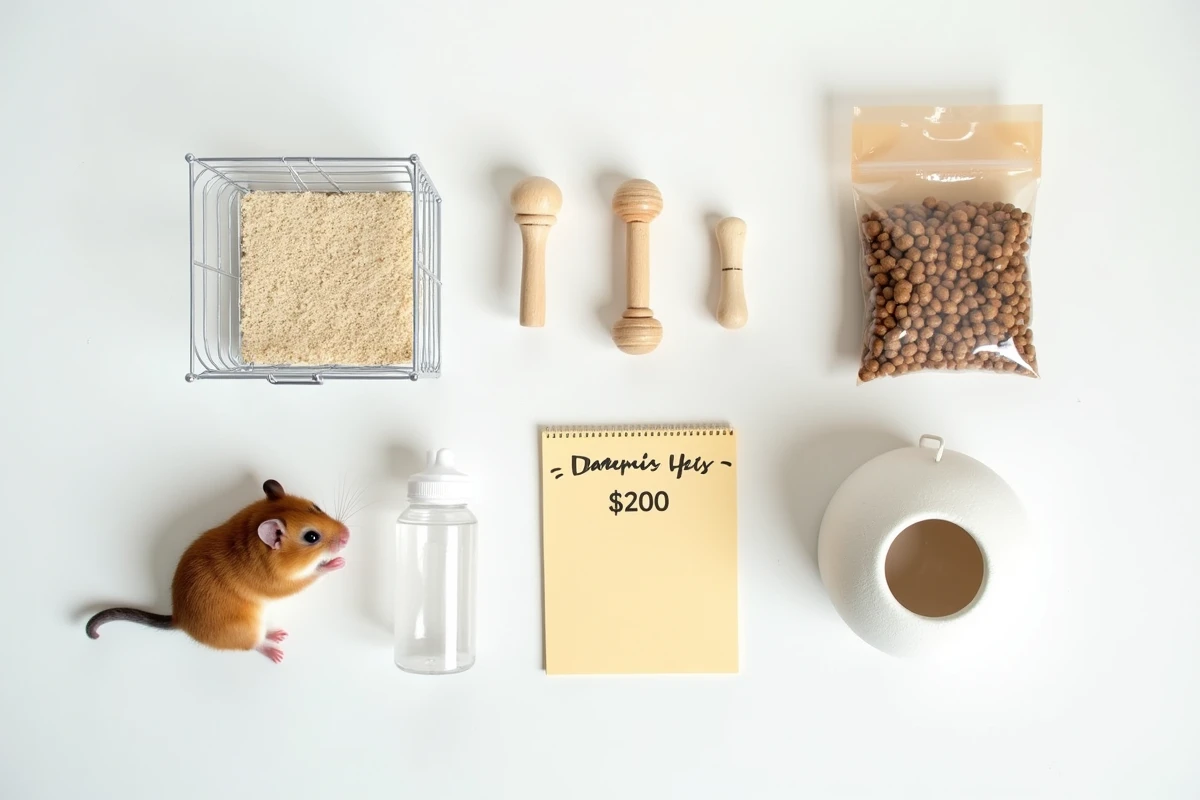 Vue aérienne des accessoires et équipements nécessaires pour l'entretien d'un hamster russe avec budget estimé