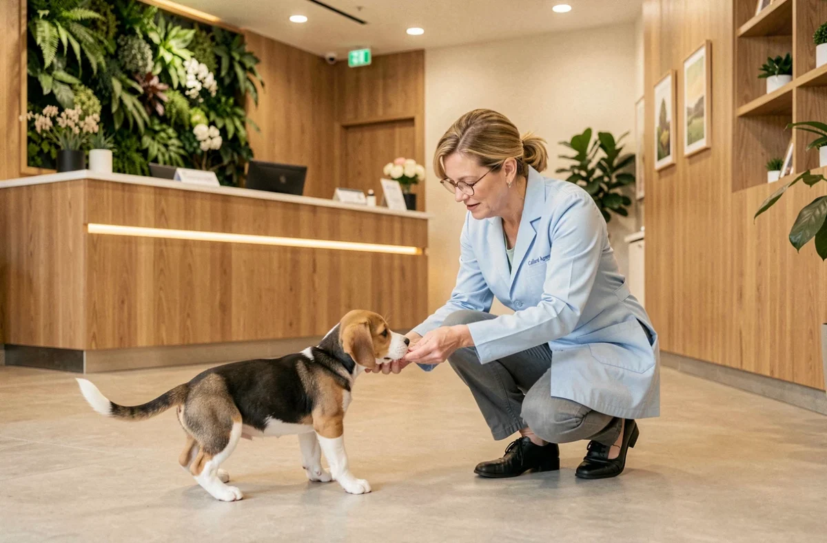 La vétérinaire Agnès Caillard en blouse bleue interagissant avec un chiot beagle dans la salle d'accueil de la clinique