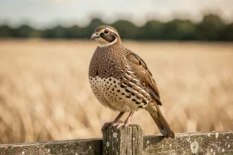 Caille perchée sur un piquet de bois dans la campagne, photographie animalière réaliste pour illustrer un animal en Q