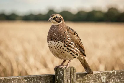 Caille perchée sur un piquet de bois dans la campagne, photographie animalière réaliste pour illustrer un animal en Q