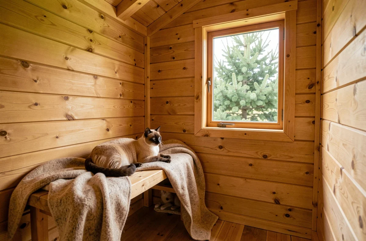 Deux chats siamois se reposant dans un chalet en bois aménagé pour la pension Les Chalets de la Jolie