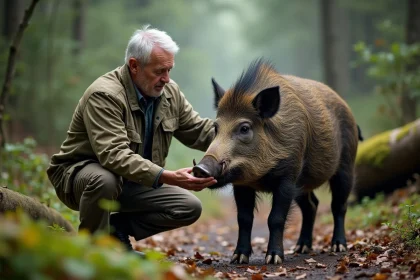 Chercheur en nature avec un sanglier dans la forêt