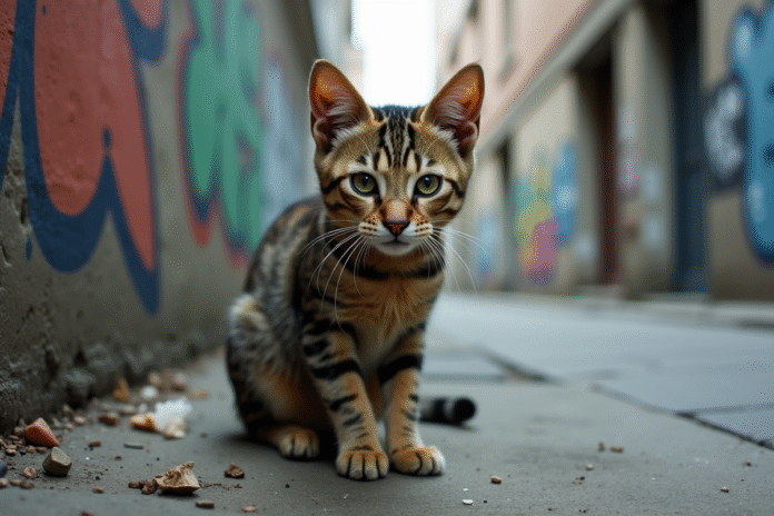 Chat domestique abandonné dans une ruelle urbaine