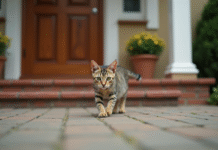 Chat abandonné : Comment un chat choisit-il sa maison ? Jeune chat tigré abandonné devant une maison chaleureuse
