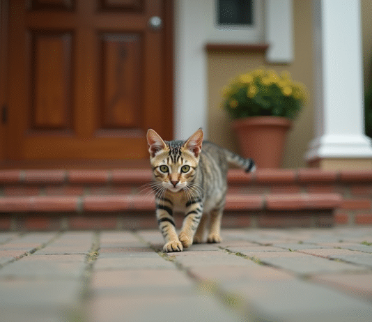 Chat abandonné : Comment un chat choisit-il sa maison ? Jeune chat tigré abandonné devant une maison chaleureuse