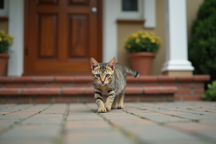 chat-abandonne-voisinage Jeune chat tigré abandonné devant une maison chaleureuse