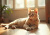 Chat beige allongé sur un sol en bois ensoleille