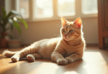 Chat beige allongé sur un sol en bois ensoleille