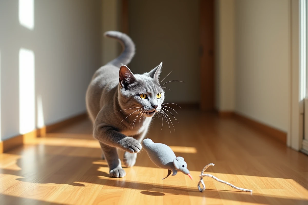 Chat bleu de Russie en plein jeu attrapant un jouet dans un couloir d'appartement