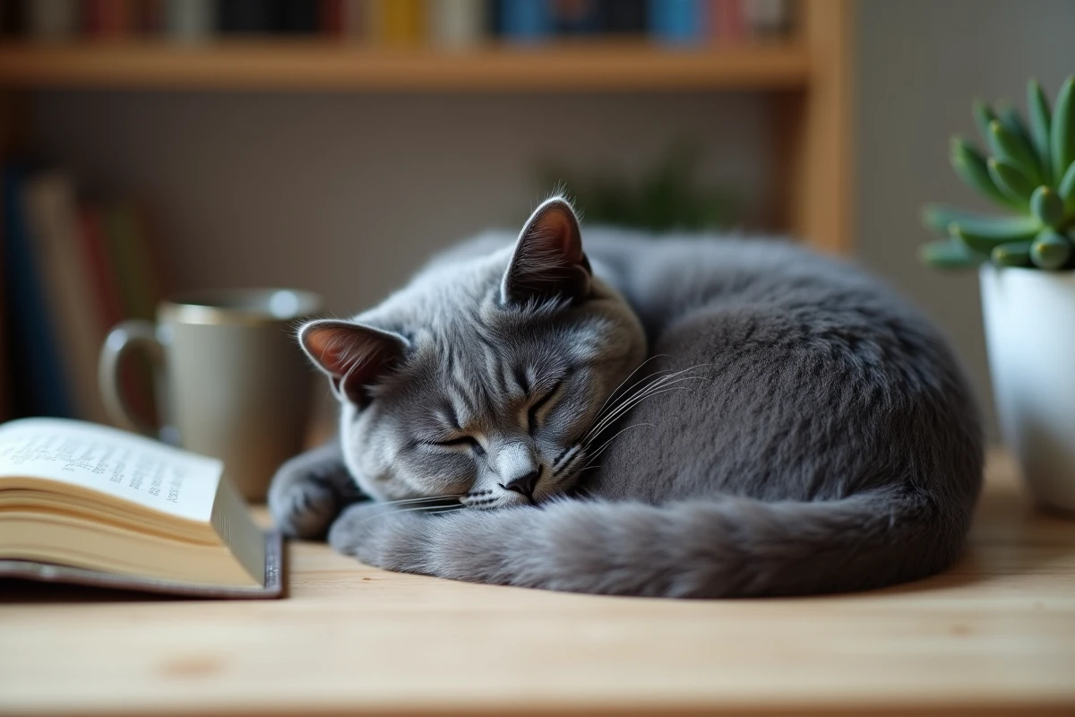 Chat bleu de Russie endormi sur un bureau en bois à côté d'un livre ouvert et d'une tasse de thé