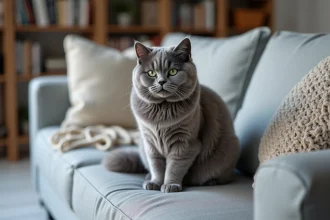 Chat bleu de Russie adulte aux yeux verts assis sur un canapé en lin gris dans un salon scandinave
