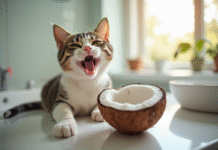 Chat domestique sur le lavabo avec huile de coco