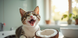 Chat domestique sur le lavabo avec huile de coco